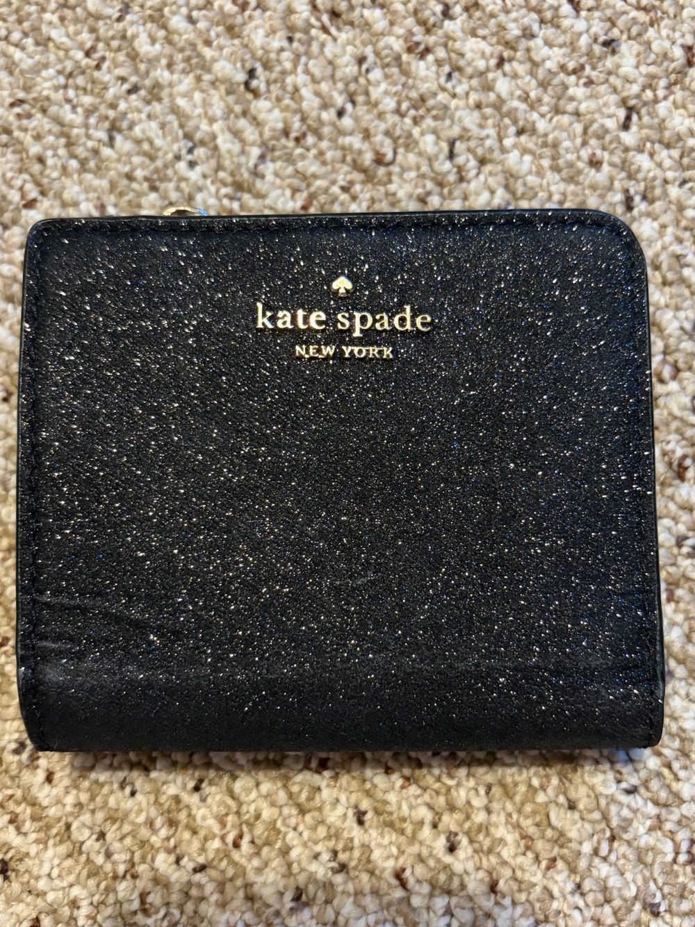 kate spade Black Glitter Zip Wallet with Gold Logo
